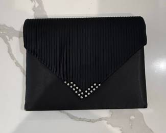 Black Pleated Satin Envelope Clutch with Rhinestone V-Embellishment
