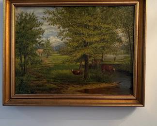 William Henry Blankman Landscape Oil Painting with Cattle