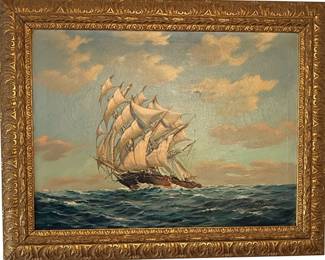 Oil on canvas, ship at sea by G.H. Wheatley