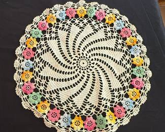 Vintage Hand-Crocheted Floral Doily with Multi-Colored Flower Appliqués