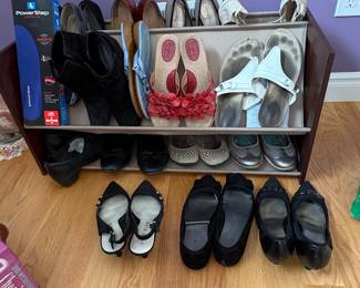 Collection of Assorted Women's Footwear and Two-Tier Shoe Rack with PowerStep Insoles