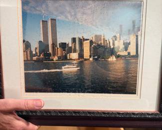 Vintage Framed New York City Skyline Photograph with Twin Towers