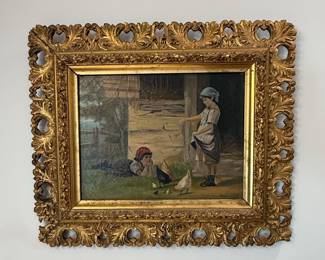 Oil on Canvas Painting of Girl with Chickens by Wm. Walters