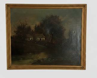 19th Century Landscape Oil Painting with Cottage and River