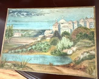 Unsigned Landscape Oil Painting with Architectural Features