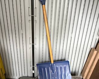 Blue Metal Snow Shovel with Wood Handle and D-Grip