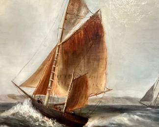 Antique Seascape Oil Painting with Lighthouse and Sailboat, Signed 'M HEILLA'