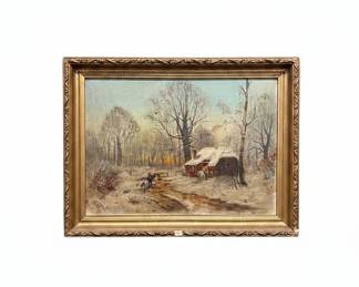 Winter Landscape with Cabin, Oil on Canvas, Signed Ruth Cook 1911