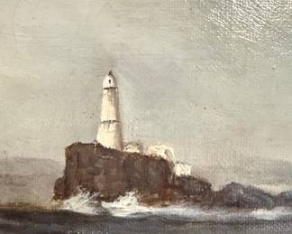 Antique Seascape Oil Painting with Lighthouse and Sailboat, Signed 'M HEILLA'