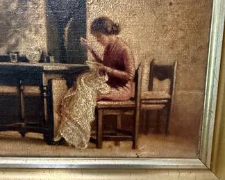 Vintage Courtyard Scene Oil Painting Signed