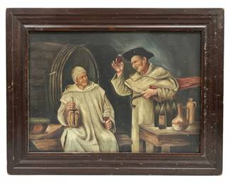Oil on Canvas Painting of Monks in a Wine Cellar