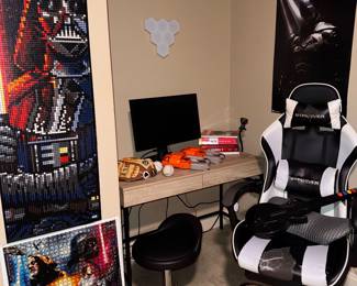 Office chairs, LEGO ART, toys, baseball glove/balls, computer monitor, desk