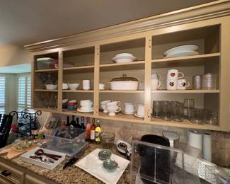 Kitchenware, dishes, cups, bowls, serving dishes, drinking glasses, cutting boards, corelle, etc. 