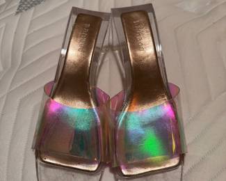 Bamboo brand iridescent mules with clear block heal and transparent square-toe strap
