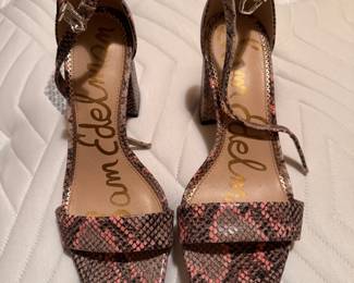 Sam Edelman Daniella block heel sandals in a pink and grey snake print