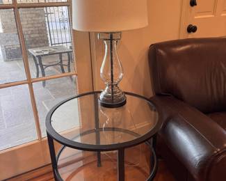 Pottery Barn glass/metal side tables, purchased 2002. (we have a pair of these), Lamp