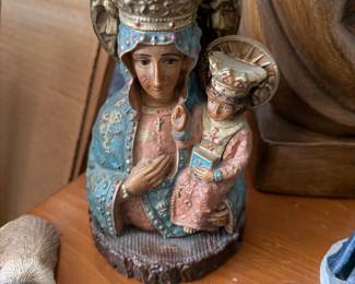hand-painted statue of Our Lady of Częstochowa, also known as the Black Madonna, likely made in Italy.