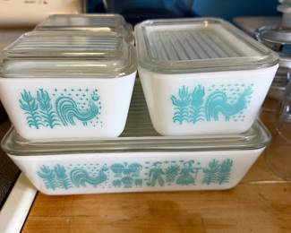 Pyrex "Amish Butterprint" refrigerator dishes in the turquoise colorway