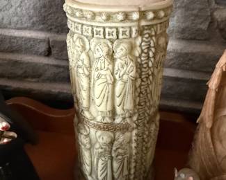 vintage Hallmark Candles pillar candle featuring a three-dimensional carving of religious figures