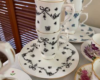 Royal Victoria fine bone china luncheon set featuring a black and white floral swag and ribbon pattern with gold trim
