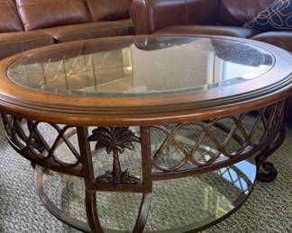 3' diameter round palm tree motif glass top table