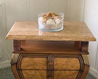 3-drawer tropical palm tree motif accent table with travertine marble top