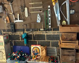 Christmas lights, tools, Vintage wood fruit crates