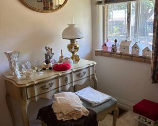 Matching vanity with bench, Hand crocheted pieces, accessories