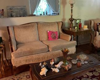 Loveseat, Stickley style coffee table with "frogs" and Belleek figurines