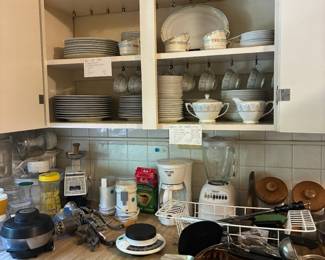 China sets, kitchen appliances, Bosch Food Processor, tons of kitchen knives, Mikado China "Countess" pattern, Meito China Japan
