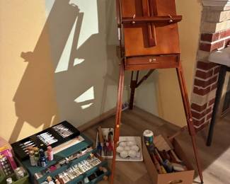 Artist folding easel, art supplies, paint brushes
