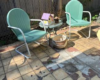 Vintage metal patio chairs and side table, bird houses