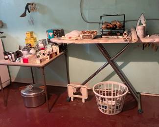Ironing board, brushes, light bulbs, batteries