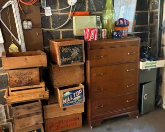Vintage wooden fruit crates, Dresser, Coca Cola items, Bronco items, metal safe