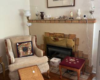 Cane foot rest, needlepoint bench, Original Water Color over fireplace