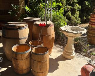 Wooden barrels, birdbath