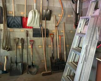 Garden tools, shovels, ladders