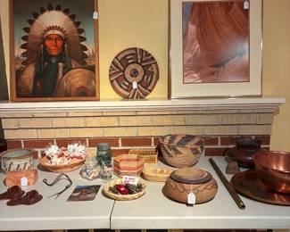 Native American hand made baskets, Copper tray and bowl, Art work
