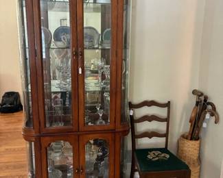 Display Cabinet with special glass ware serving pieces, Decanters and vases