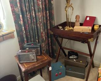 Mohagany tray table, vintage table lamp, Metal cases