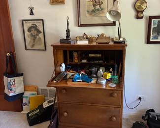 Drop front desk/dresser, Office supplies, Art work