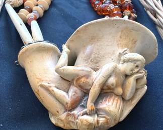 Vintage carved Meerschaum pipe necklace w amber + bone beads