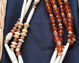 Vintage carved Meerschaum pipe necklace w amber + bone beads