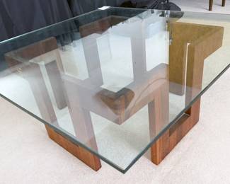 MCM sculpted geometric walnut glass top coffee table