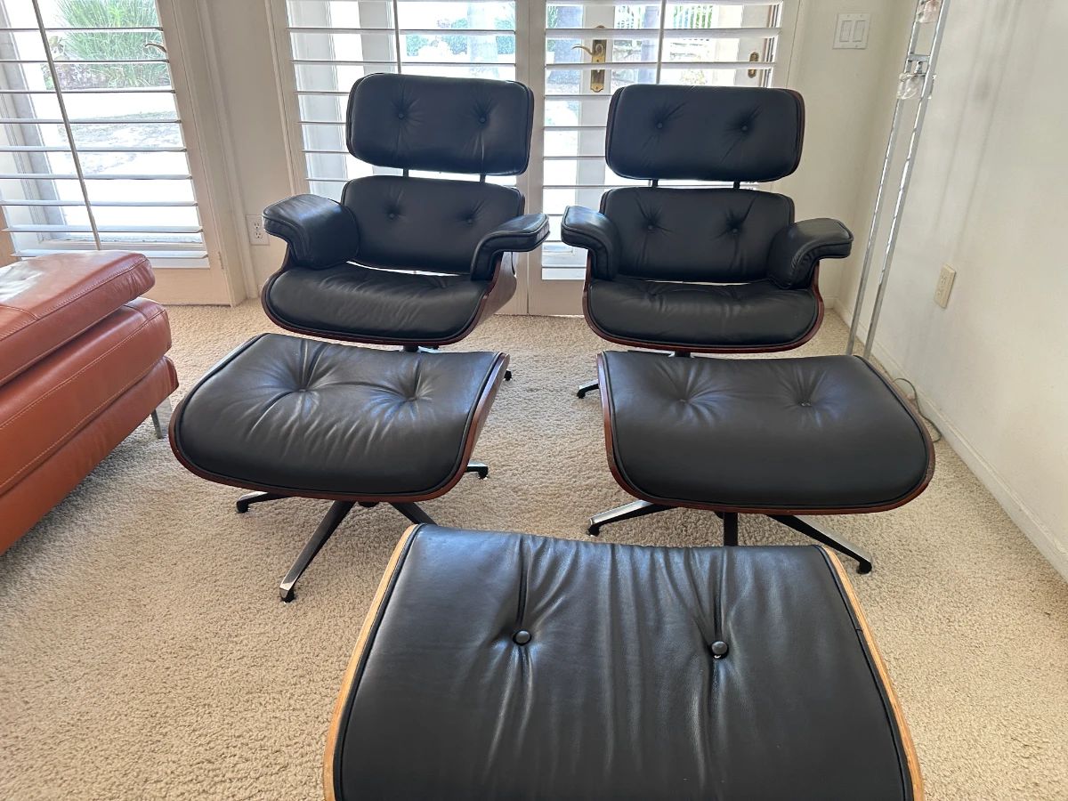 Eames Style Lounge Chair and ottoman in black leather