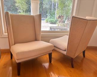 Two-Tone Design linen fabric and burlap backing high-back wing chairs  with nailhead trim 