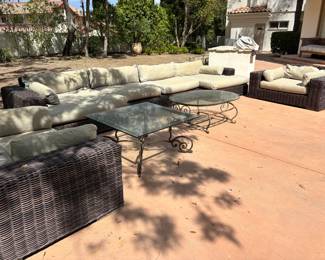 Restoration hardware sectional outdoor patio sofa and armchairs, wrought iron and glass coffee table
