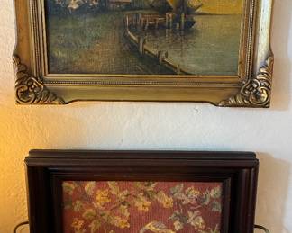 Vtg oil painting & needlework