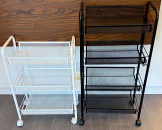 Wire Basket Rolling Storage Shelves. One black and one white