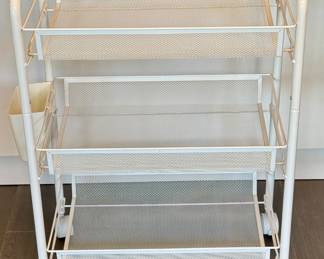 Wire Basket Rolling Storage Shelves. One black and one white